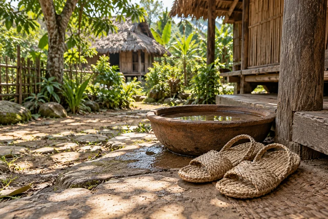 รองเท้าสานข้างอ่างน้ำพื้นบ้านในบรรยากาศชนบท