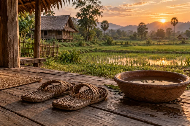 รองเท้าสานข้างอ่างน้ำพื้นบ้านในบรรยากาศชนบท