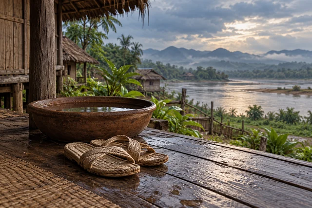 รองเท้าสานข้างอ่างน้ำพื้นบ้านในบรรยากาศชนบท