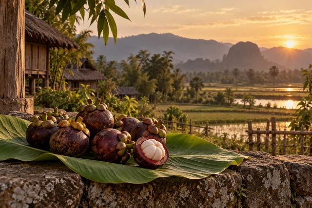 มังคุดสุกบนใบตองริมสวน
