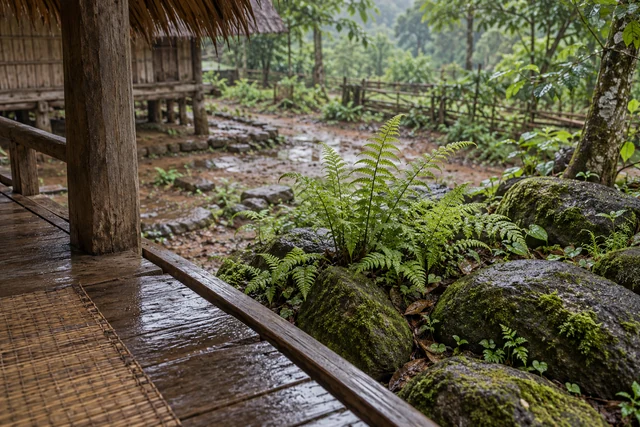 เฟิร์นอ่อนข้างหินปกคลุมมอส