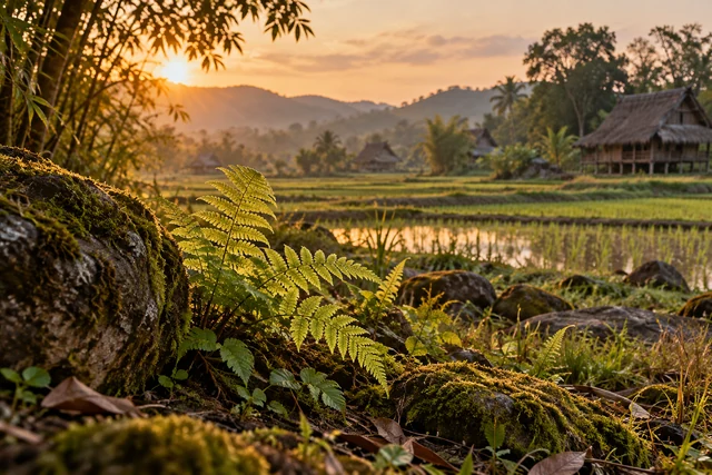 เฟิร์นอ่อนข้างหินปกคลุมมอส