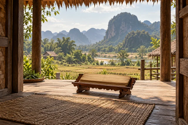 แท่นอ่านไม้พื้นบ้านท่ามกลางบรรยากาศชนบท