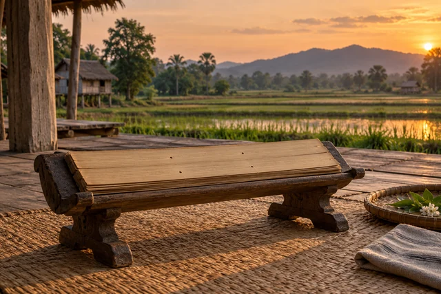 แท่นอ่านไม้พื้นบ้านท่ามกลางบรรยากาศชนบท