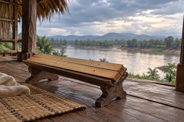 แท่นอ่านไม้พื้นบ้านท่ามกลางบรรยากาศชนบท