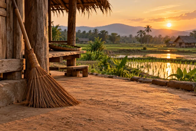 ไม้กวาดพื้นบ้านข้างเสาเรือนไม้