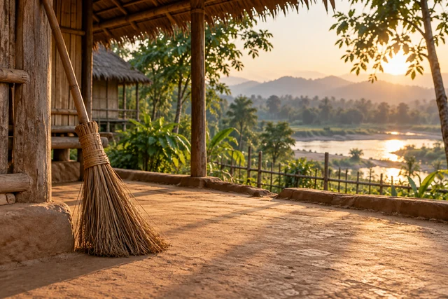ไม้กวาดพื้นบ้านข้างเสาเรือนไม้