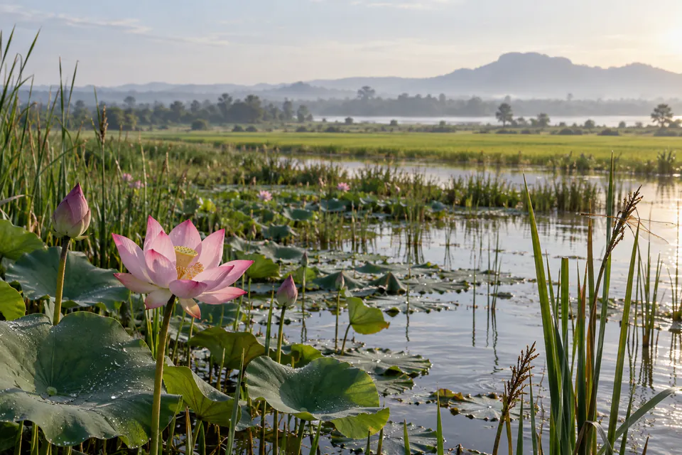 ดอกบัวและพืชริมน้ำในพื้นที่ชุ่มน้ำของลุ่มแม่น้ำโขงยามเช้า