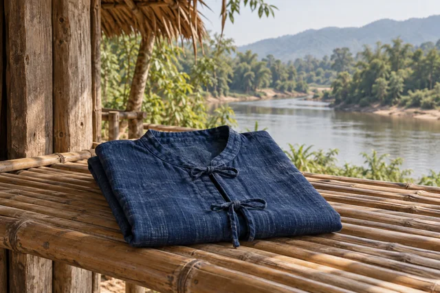 เสื้อฝ้ายครามผูกด้วยผ้าวางบนชั้นไม้ไผ่ ชวนพอกับของที่ใช้ได้