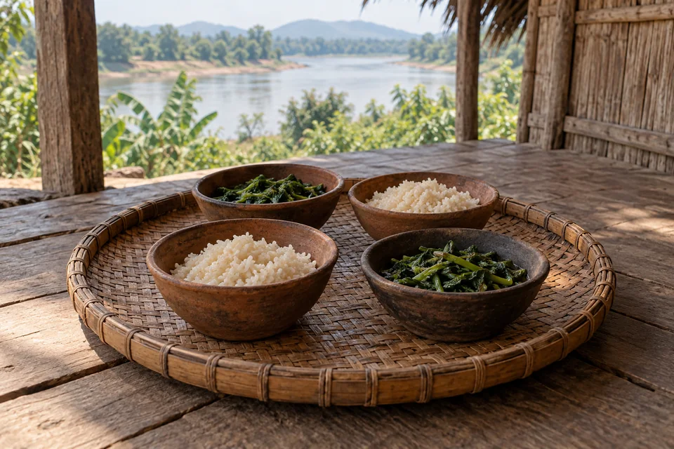 สำรับข้าวกับผักบนถาดไม้ไผ่ ชวนกลับบ้านเพื่อพบกัน
