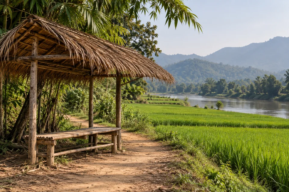 ทางดินกับม้านั่งไม้ริมทุ่งนา ชวนเดินต่ออย่างรู้จังหวะ