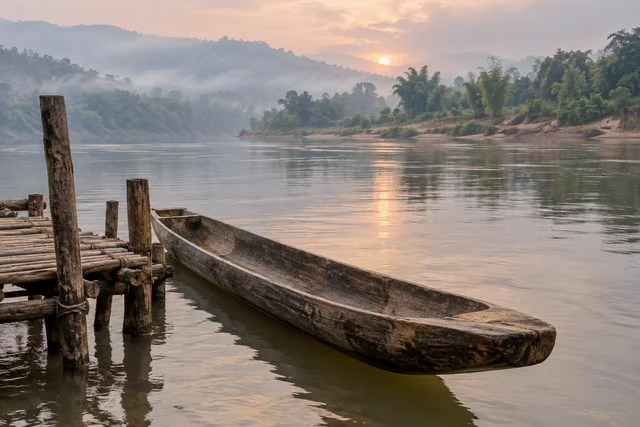 เรือไม้เดินทางว่างข้างท่าไม้ยามเช้า สื่อถึงการกลับมาอยู่กับปัจจุบัน