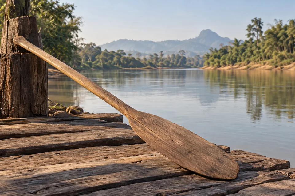 ไม้พายสำหรับเดินทางวางบนท่าไม้ยามเช้า ชวนทำทีละอย่างอย่างรู้ตัว