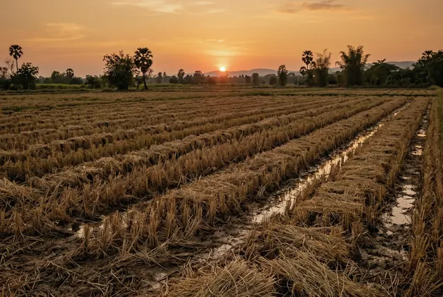 ทุ่งนาบ้านนอกยามเย็น สื่อถึงความสมถะและสันโดษ