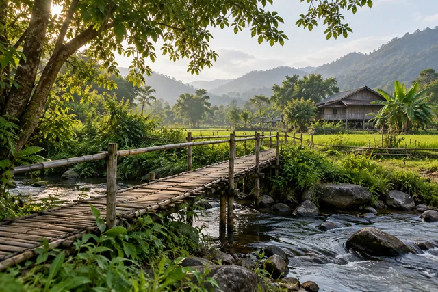 สะพานเล็กข้ามลำธารไปยังบ้านท่ามกลางต้นไม้