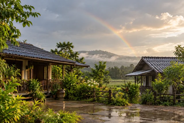 รุ้งจางเหนือหลังคาบ้านหลังฝนผ่าน