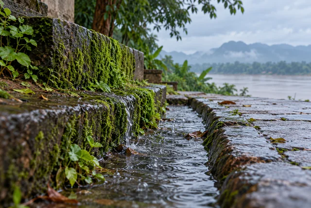 รางหินรับน้ำฝนข้างขั้นบันได ชวนฟังเสียงฝนโดยไม่เติมความผิดหวัง