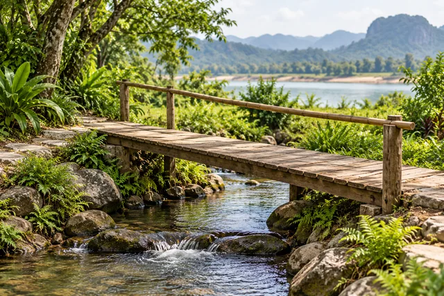 สะพานไม้เตี้ยมีราวจับที่มั่นคง ชวนเตือนกันเพื่อความปลอดภัย