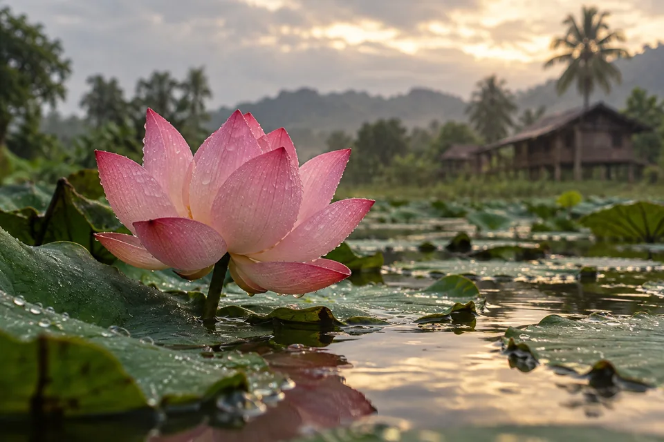 ดอกบัวสีชมพูที่ยังมีหยดฝนเกาะอยู่
