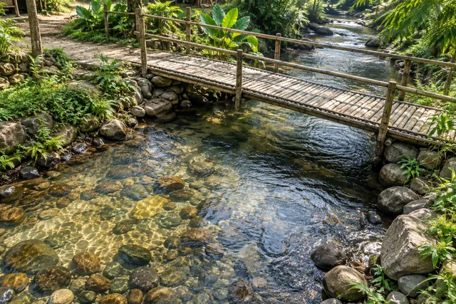 ลำธารใสใต้สะพานไม้ไผ่ สื่อถึงการตรวจข่าวให้เห็นความจริงก่อนส่งต่อ