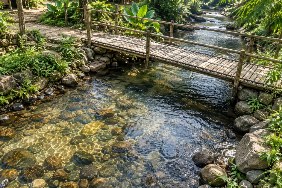 ลำธารใสใต้สะพานไม้ไผ่ สื่อถึงการตรวจข่าวให้เห็นความจริงก่อนส่งต่อ