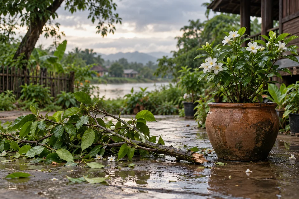 สวนหลังฝนที่มีกิ่งล้มและต้นไม้ยังยืนอยู่ สื่อถึงการฟื้นทีละส่วน