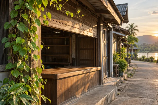 ร้านไม้ที่ปิดกับเถาวัลย์ใหม่ข้างทาง สื่อถึงชุมชนที่เปลี่ยนและความคุ้นที่สร้างต่อได้