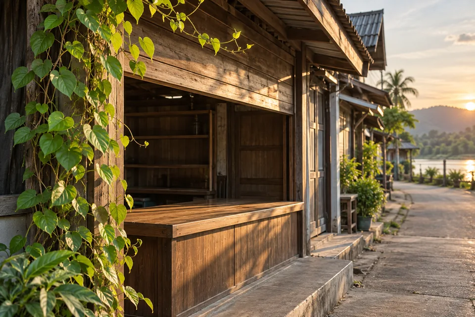ร้านไม้ที่ปิดกับเถาวัลย์ใหม่ข้างทาง สื่อถึงชุมชนที่เปลี่ยนและความคุ้นที่สร้างต่อได้