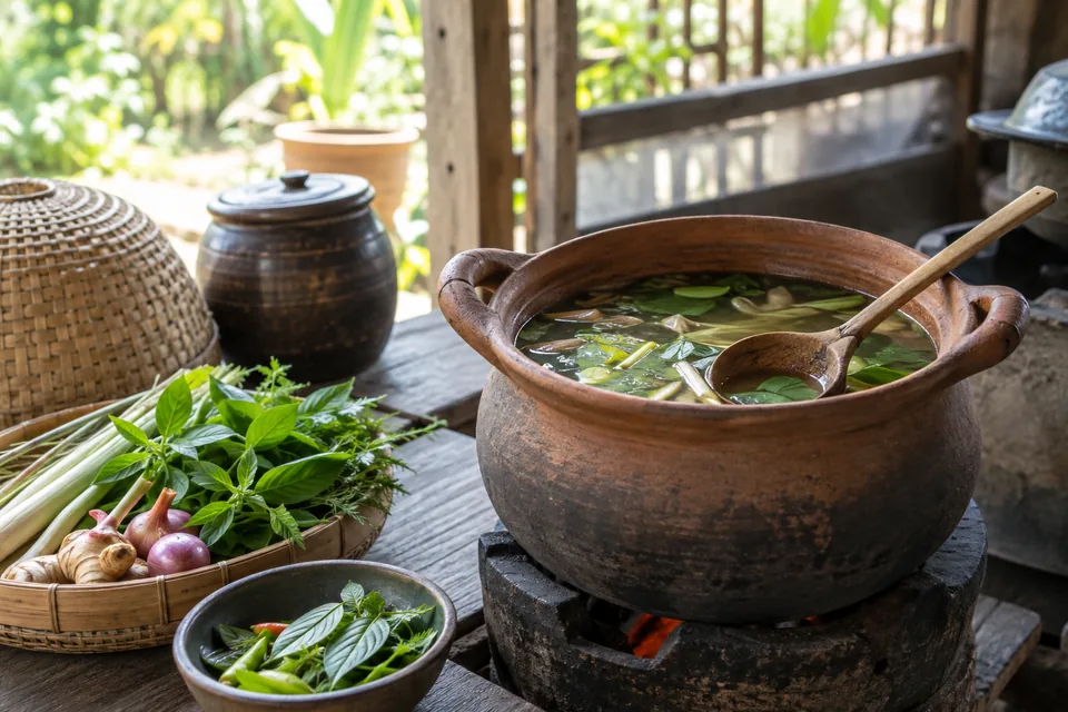 หม้ออาหารเรียบง่ายกับสมุนไพร สื่อถึงการระลึกถึงรสมือเก่าอย่างอ่อนโยน