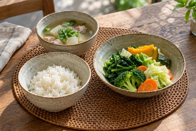 อาหารมื้อเรียบง่ายในถ้วยดินเผา มีข้าว ผัก และน้ำแกงในปริมาณพอดี