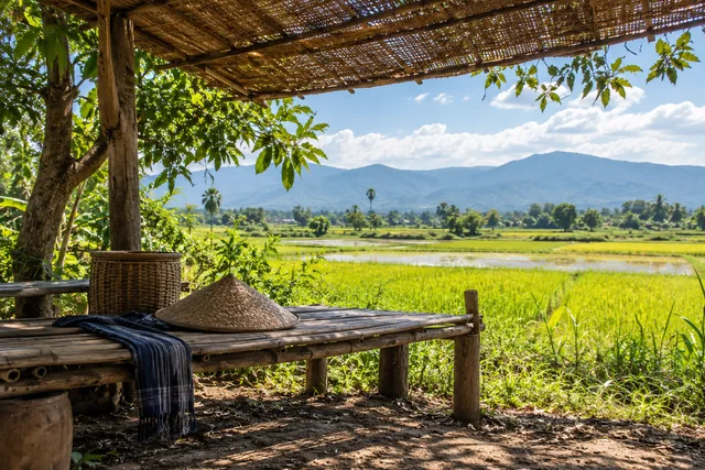 ที่นั่งพักในร่มข้างทุ่งที่มีแดดจัด
