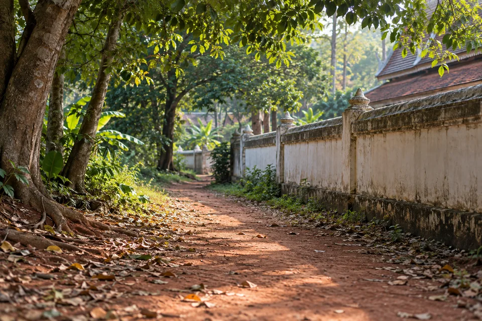 ทางดินหลังแนวกำแพงวัดในร่มเช้า