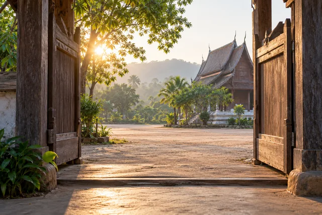 ประตูไม้หน้าวัดเปิดรับแสงเช้า