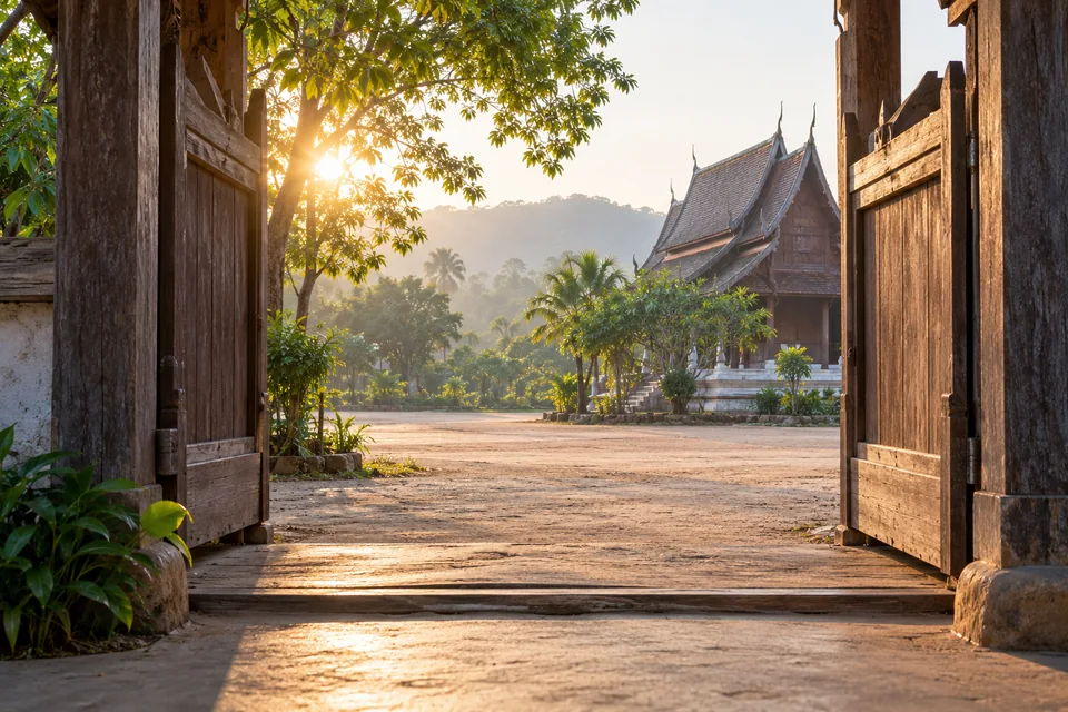 ประตูไม้หน้าวัดเปิดรับแสงเช้า