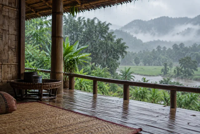 ฝนตกนอกชานไม้ไผ่ที่มีเสื่อพักอยู่ในร่ม