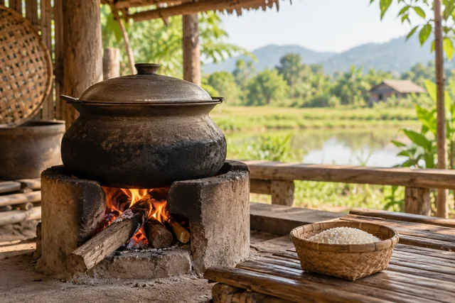 หม้อหุงข้าวเล็กกับข้าวสารที่ตวงไว้พอดี
