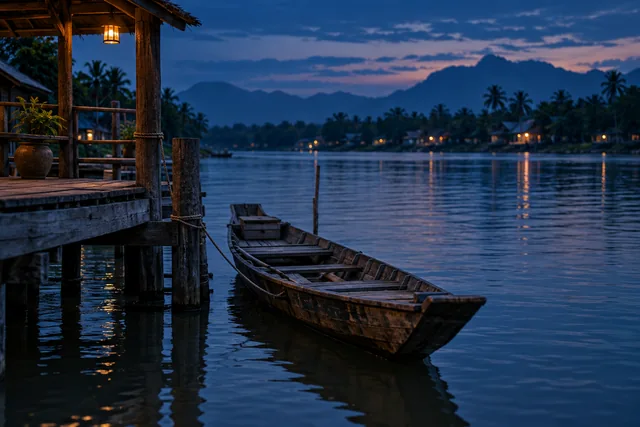 เรือไม้จอดผูกพักใต้ท่าน้ำหลังตะวันลับ