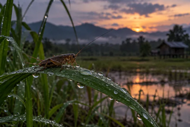 จิ้งหรีดบนใบหญ้าชื้นหลังฝนยามเย็น