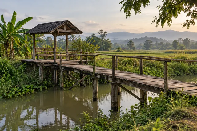 สะพานไม้แคบที่มีที่พักรอให้ผลัดกันผ่าน