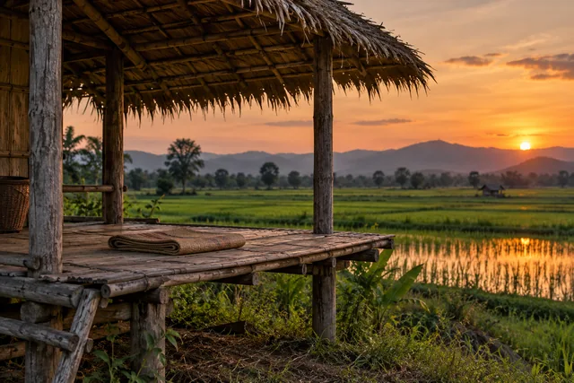 กระท่อมนายามเย็นกับเสื่อผืนเดียวบนชาน
