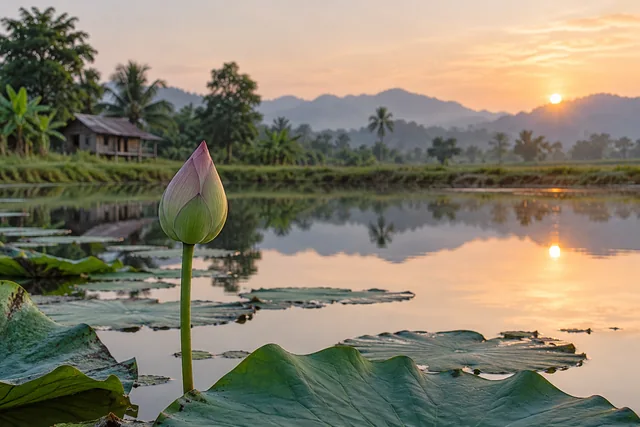 ดอกบัวตูมเหนือผิวน้ำในแสงเช้าอ่อน