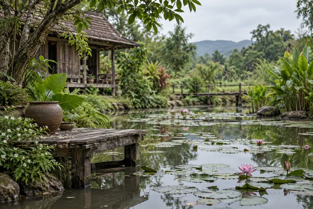 สวนใต้ฟ้าครึ้มอ่อนกับบึงเล็กที่สงบ