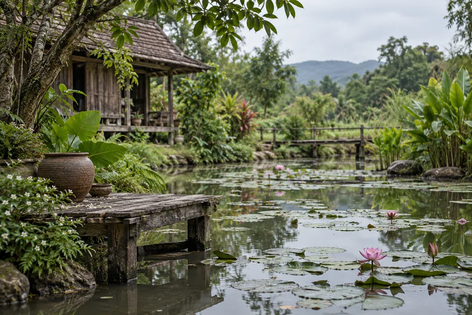 สวนใต้ฟ้าครึ้มอ่อนกับบึงเล็กที่สงบ